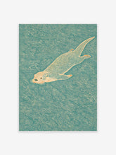 Illustrative otter wall art print of a swimming otter in teal water with orange fur details.