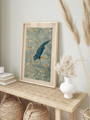 Illustrative woodblock print of a blue otter diving in water with orange shapes and ripple patterns. - Image 3