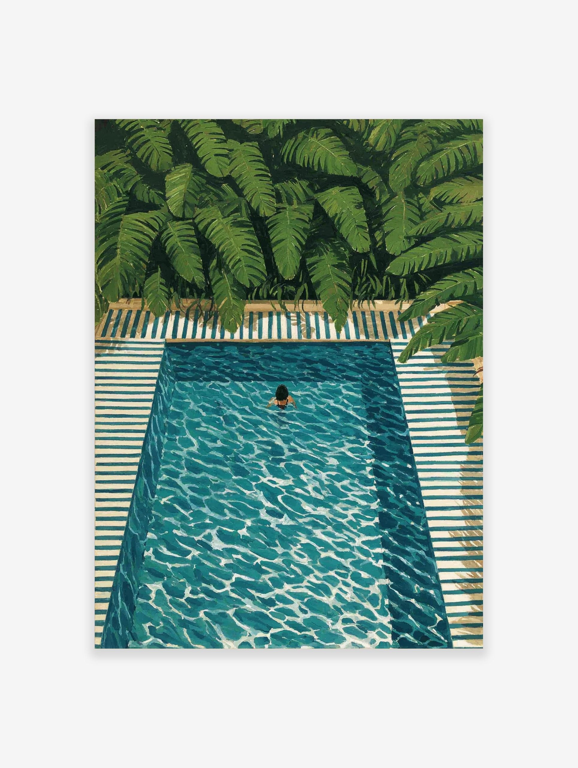 Overhead painting of a person swimming in a turquoise pool with green tropical leaves and striped patio