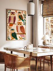 Illustrated owl art print featuring four colorful owls with patterned feathers perched on tree branches against a light background. - Image 2