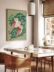 Japanese style illustration art print of three white and red owls perched on a blue branch with green leaves. - Image 2