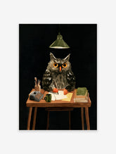 Illustrative owl sitting at a wooden desk writing under a hanging lamp with books and a typewriter on a dark background