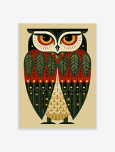Geometric owl poster with leaf-patterned wings and gold eyes on a beige background