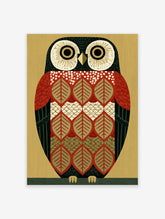 Geometric owl poster with round eyes, triangular beak, and leaf patterns in red, black, and gold