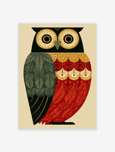 Geometric owl poster with green leaf and red feather patterns on cream background
