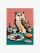 Illustrative art print of a white owl with orange eyes next to a table with grapes, egg, and a bottle