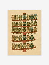 Illustrated owl tree wall art with rows of green and cream owls on branches