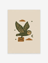 Green owl flying with a brown envelope, stars, clouds and a crescent moon on a beige background