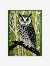 Illustrative long-eared owl perched on a branch, green and white forest background linocut style print
