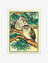 Illustrative owl wall art print featuring two white owls with yellow eyes perched on brown tree branches with green foliage.