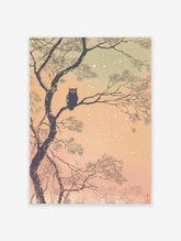 Japanese woodblock print featuring a dark owl perched on a tree branch in a snowy winter landscape, Owl Wall Art.