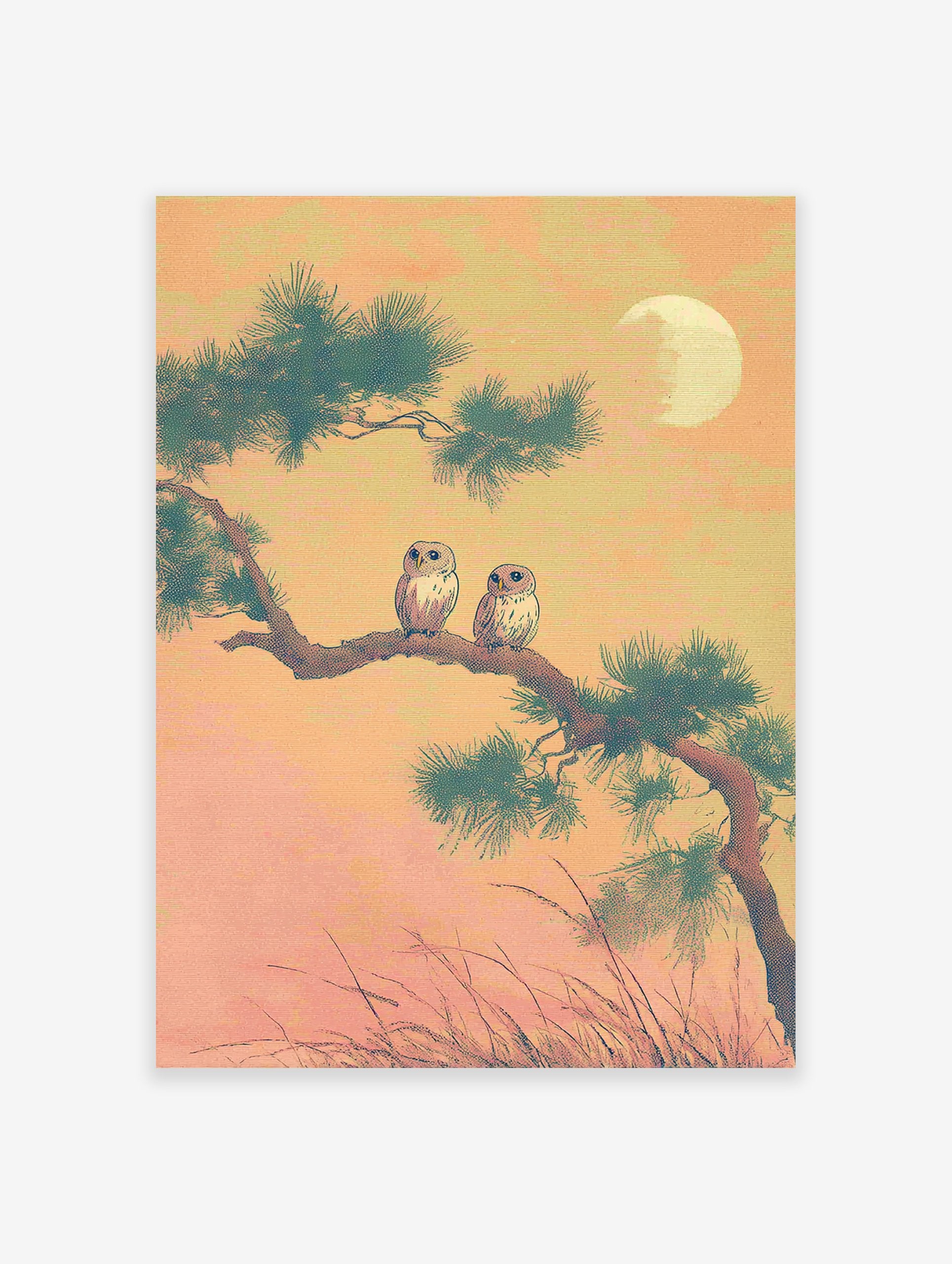 Two small owls perch on a pine tree branch under a full moon in a Japanese-style nature print, serene owl wall art.