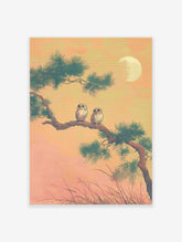 Two small owls perch on a pine tree branch under a full moon in a Japanese-style nature print, serene owl wall art.