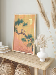Two small owls perch on a pine tree branch under a full moon in a Japanese-style nature print, serene owl wall art. - Image 3