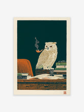 Illustrated owl wall art print of a wise owl with a smoking pipe on a desk with books, in a vintage style.
