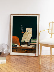Illustrated owl wall art print of a wise owl with a smoking pipe on a desk with books, in a vintage style. - Image 2