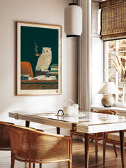 Illustrated owl wall art print of a wise owl with a smoking pipe on a desk with books, in a vintage style. - Image 3