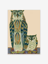 Vintage owl art print with two stylised owls in teal and gold on a patterned border
