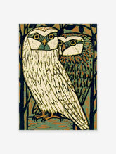 Owl wall art print of two owls on a branch in woodcut style with cream, teal, and rust colours