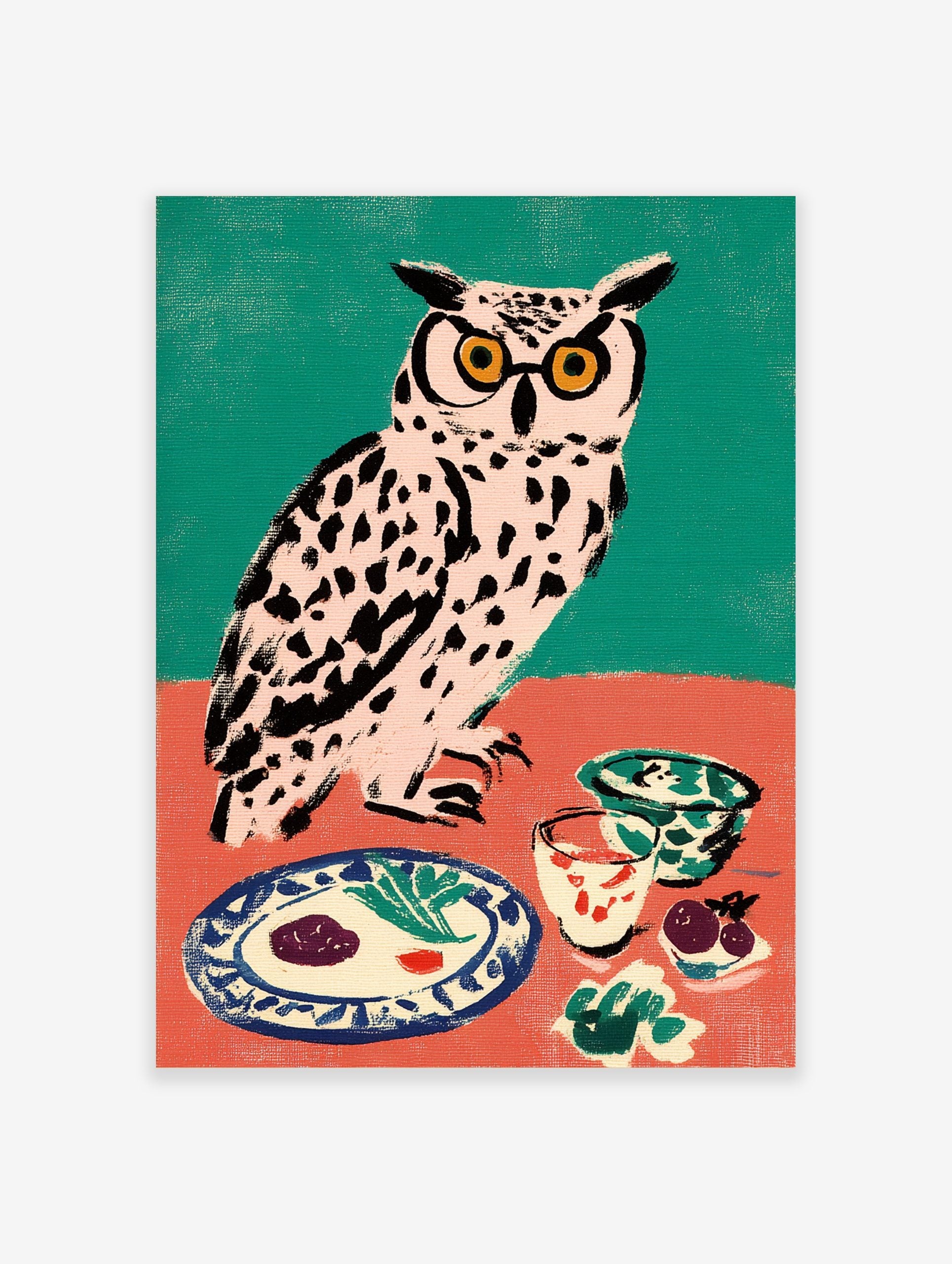 Illustrative owl wall art with yellow glasses at a dinner table, against a teal and coral background