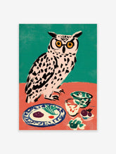 Illustrative owl wall art with yellow glasses at a dinner table, against a teal and coral background