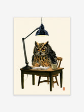 Watercolor-style illustration of an owl writing in a notebook at a desk with a lamp, warm brown and black palette