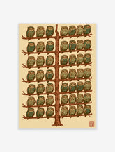 Illustrated owl wall art with symmetrical tree and rows of teal and beige owls on branches