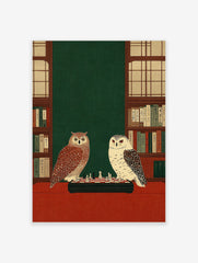 Illustrative print of a tawny owl and a white owl playing chess on a red table, flanked by bookshelves
