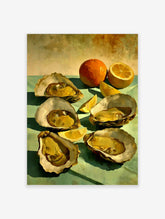 Still life painting of five golden oysters, a whole orange, and lemon slices on a teal surface