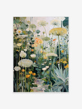 Painterly garden wall art with white, yellow, orange flowers, green leaves, and a cobbled path