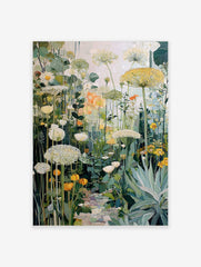 Painterly garden wall art with white, yellow, orange flowers, green leaves, and a cobbled path