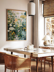 Painterly garden wall art with white, yellow, orange flowers, green leaves, and a cobbled path, in a styled room mockup