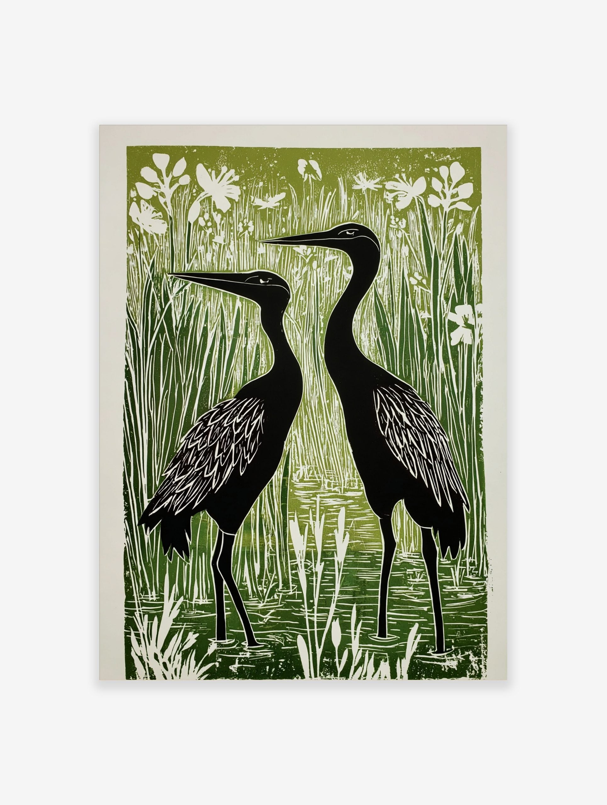 Linocut style art print of two black cranes standing in green reeds with white flowers and water
