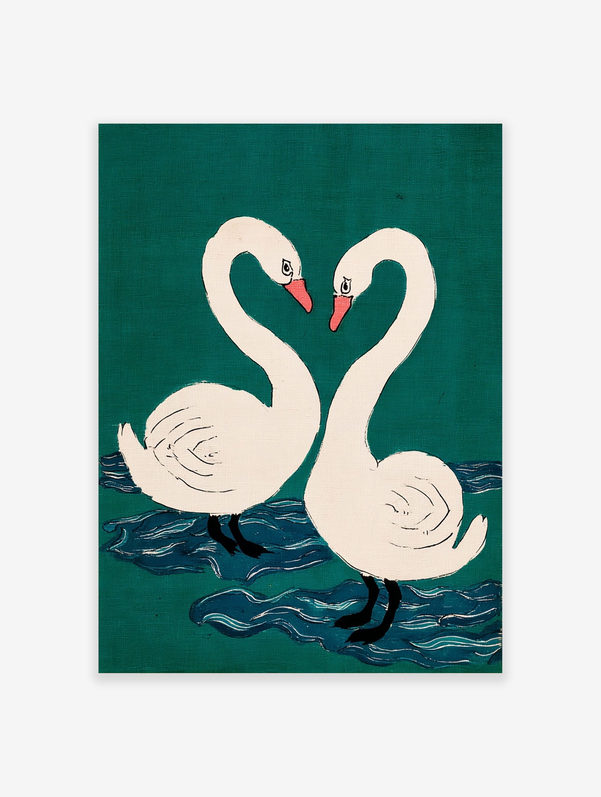 Two white swans with pink beaks form a heart shape against a teal-green background with blue water ripples