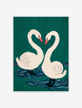 Two white swans with pink beaks form a heart shape against a teal-green background with blue water ripples