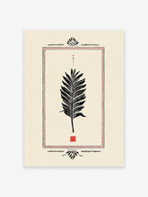 Palm leaf poster with black illustration, red dotted border, and Indian-inspired decorative elements on a cream background.