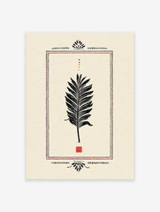 Palm leaf poster with black illustration, red dotted border, and Indian-inspired decorative elements on a cream background.