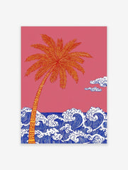 Illustrative palm tree with orange and yellow fronds over blue ocean waves against a pink sky with clouds