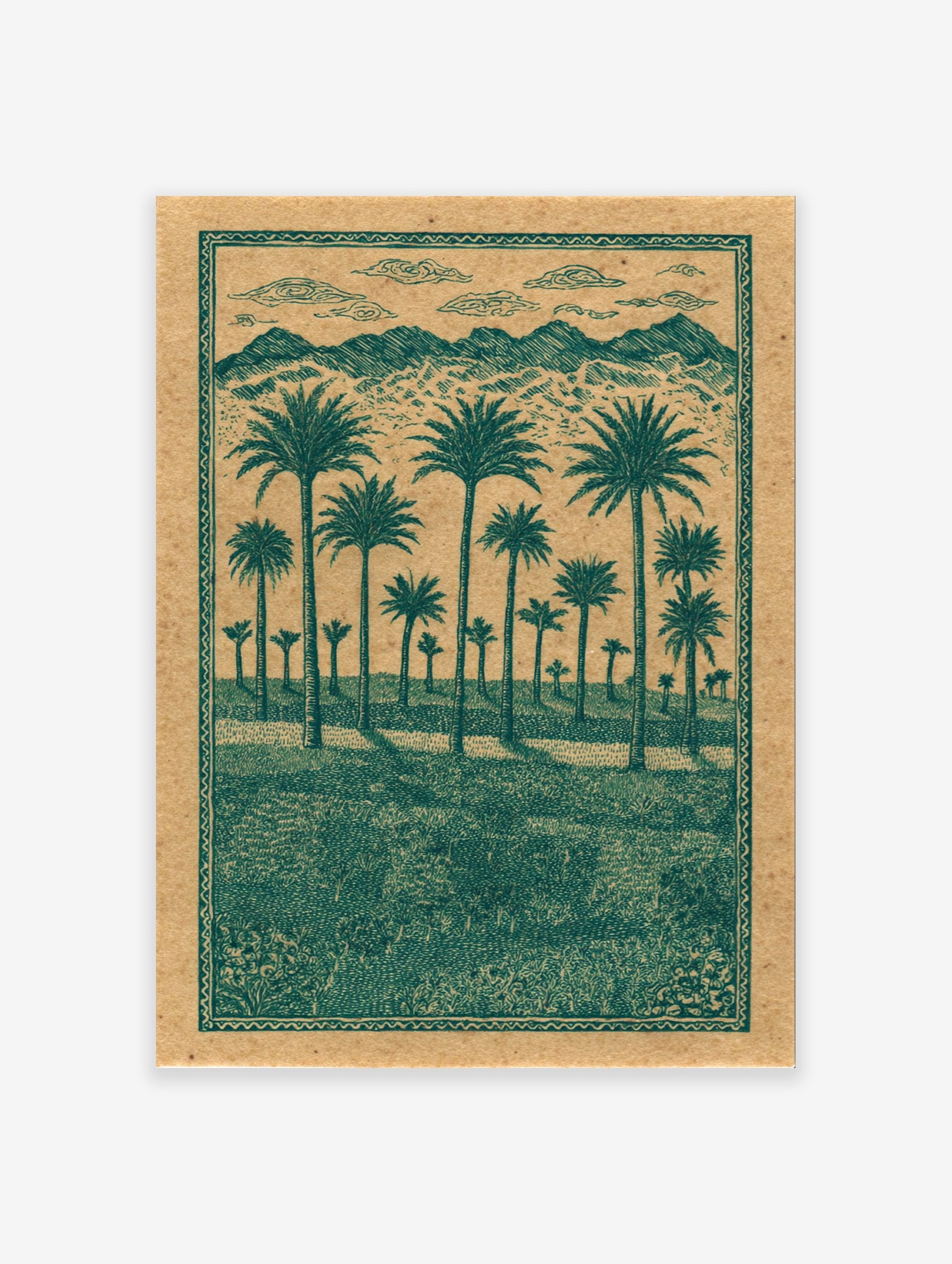 Green palm tree landscape poster with mountains and clouds in an illustrative style on a brown background.
