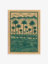 Green palm tree landscape poster with mountains and clouds in an illustrative style on a brown background.