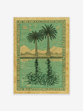 Palm tree oasis poster showing two palm trees reflected in water with mountains and stylized clouds in a green and beige color palette.