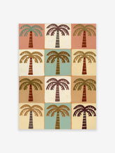 Palm tree poster with nine stylised palms in a grid of pink, teal, cream, and brown blocks
