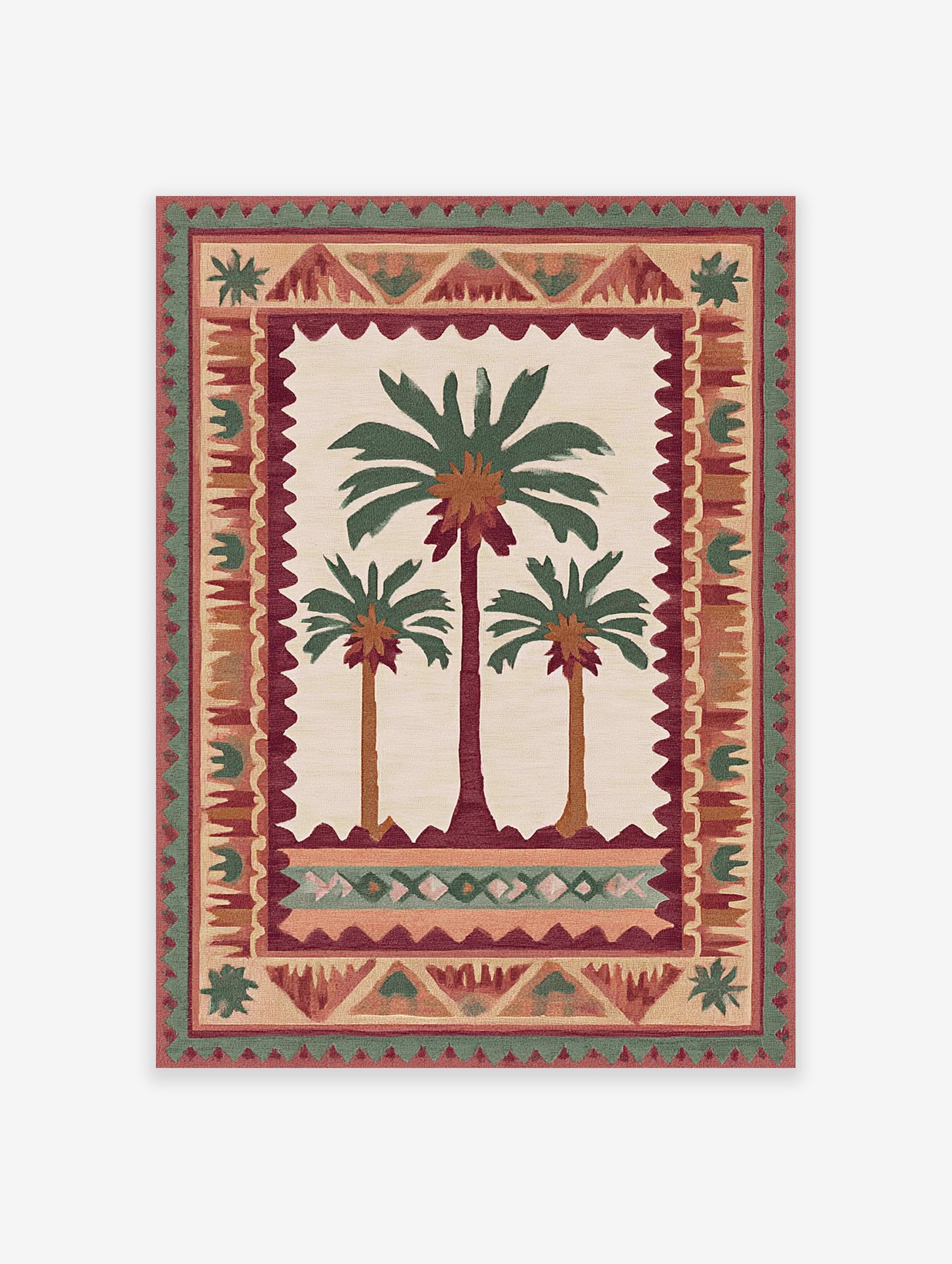 Cultural palm tree poster featuring three stylized palm trees in green and brown, surrounded by an intricate border of red, green, and beige patterns.