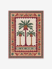 Cultural palm tree poster featuring three stylized palm trees in green and brown, surrounded by an intricate border of red, green, and beige patterns.