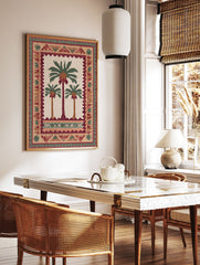 Cultural palm tree poster featuring three stylized palm trees in green and brown, surrounded by an intricate border of red, green, and beige patterns. - Image 2