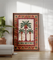 Cultural palm tree poster featuring three stylized palm trees in green and brown, surrounded by an intricate border of red, green, and beige patterns. - Image 3