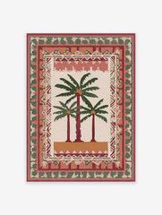 Illustrative palm tree poster with three palm trees on a beige background, surrounded by decorative tribal patterns in red, green, and orange.