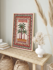 Illustrative palm tree poster with three palm trees on a beige background, surrounded by decorative tribal patterns in red, green, and orange. - Image 4