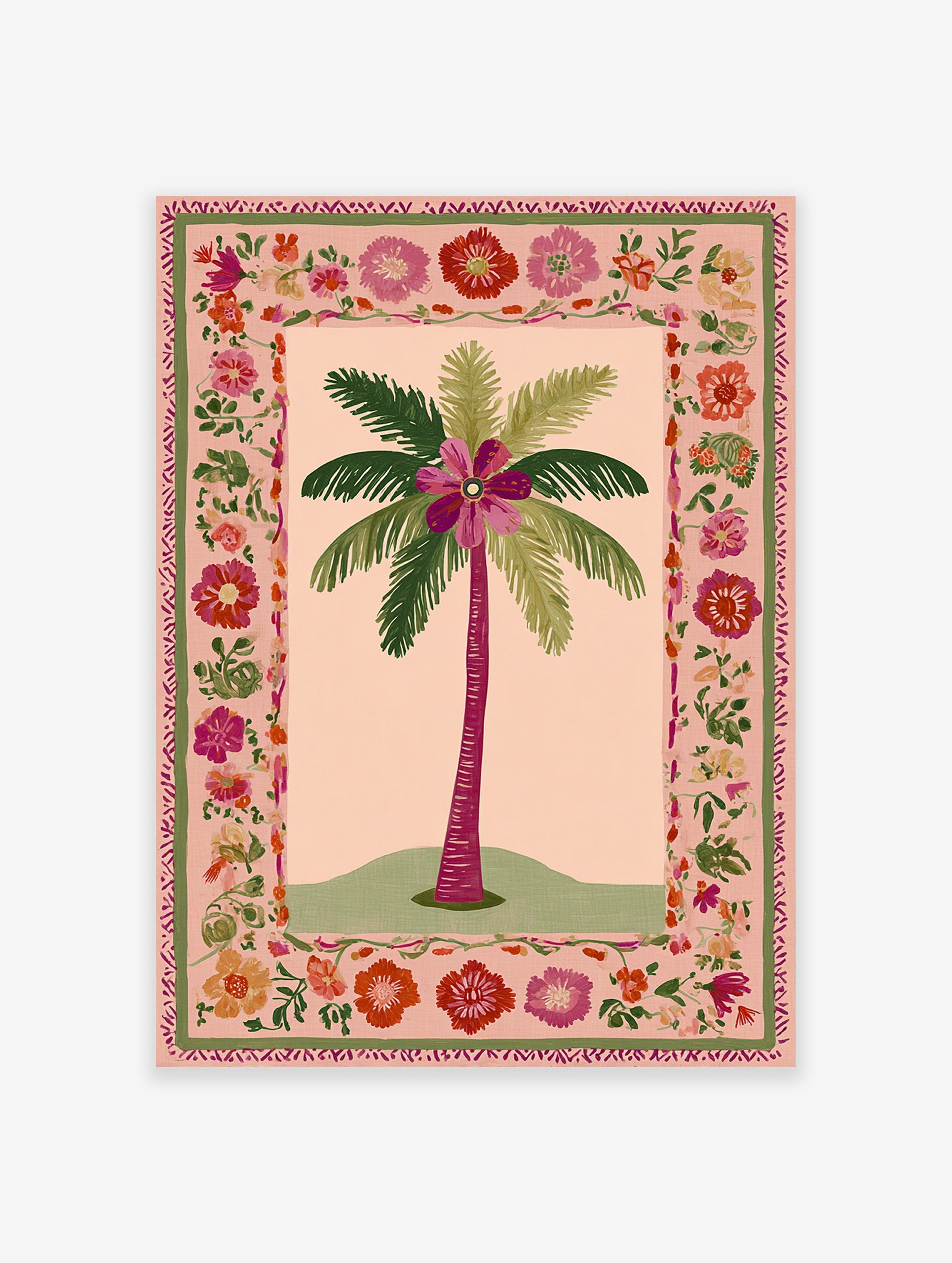 Illustrated palm tree poster with a large fuchsia flower at its crown, surrounded by a vibrant pink and green floral border.