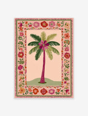 Illustrated palm tree poster with a large fuchsia flower at its crown, surrounded by a vibrant pink and green floral border.